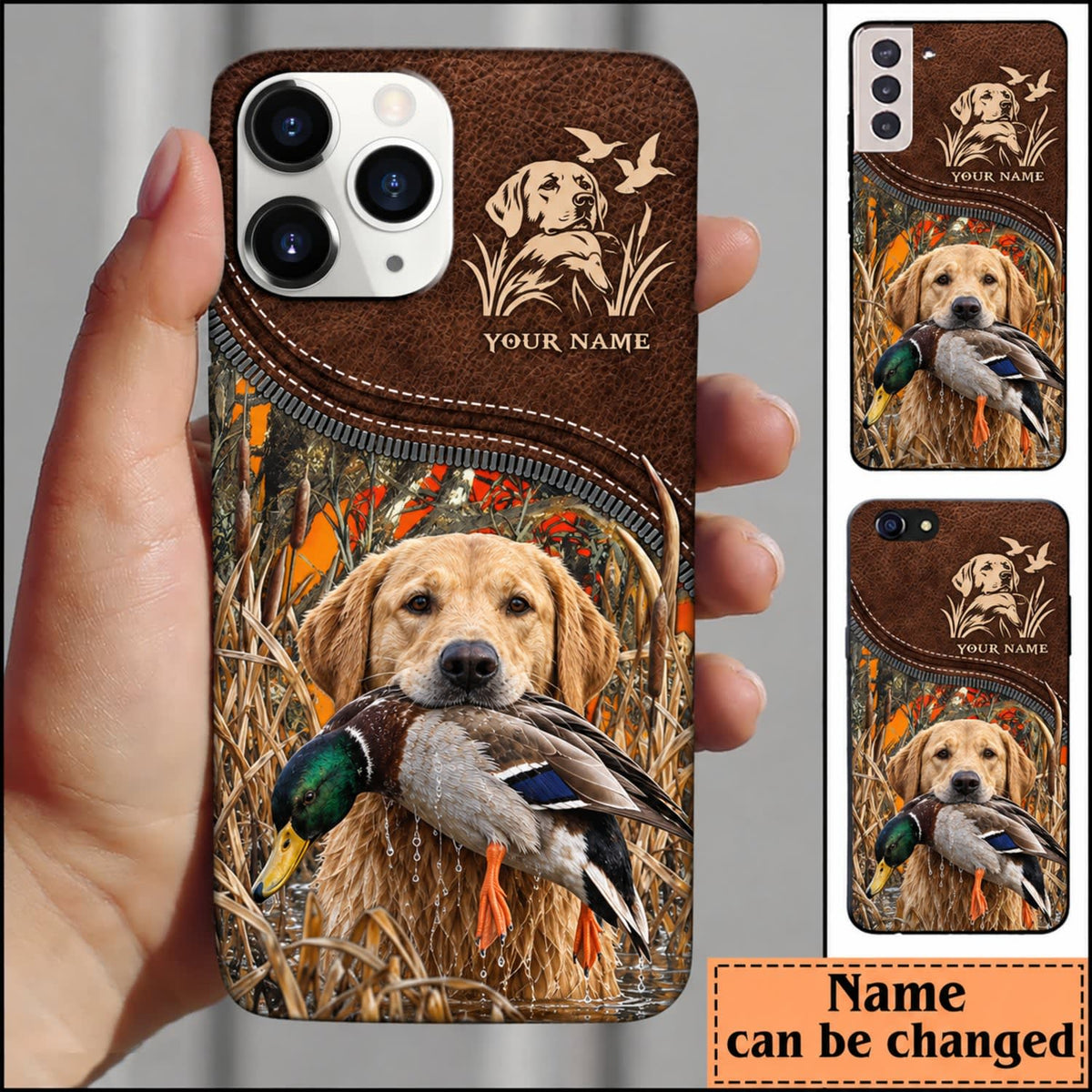 Maxcorners Duck Hunting Golden Retriever Brown Leather Hunting Badge Personalized Name 3D Phone Case - Yellow Labrador Retriever