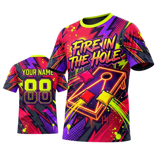 Maxcorners Cornhole Fire In The Hole Neon Pink Flame Personalized Name 3D Unisex Shirt