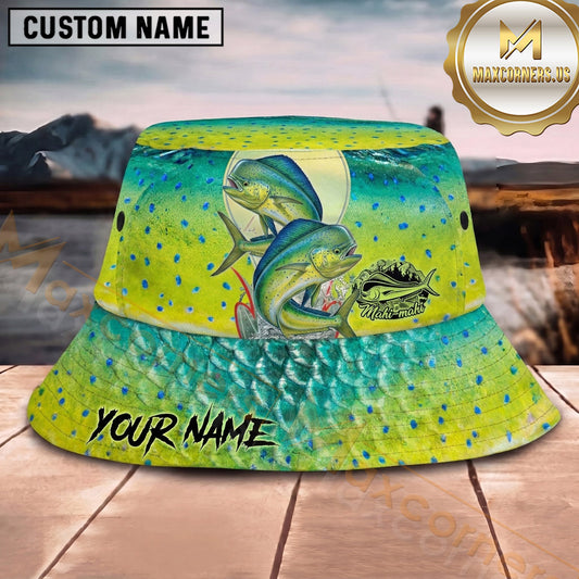Maxcorners Fishing Vintage Olive Double Catch Graphic Personalized 3D Bucket Hat (13 Fish Species)