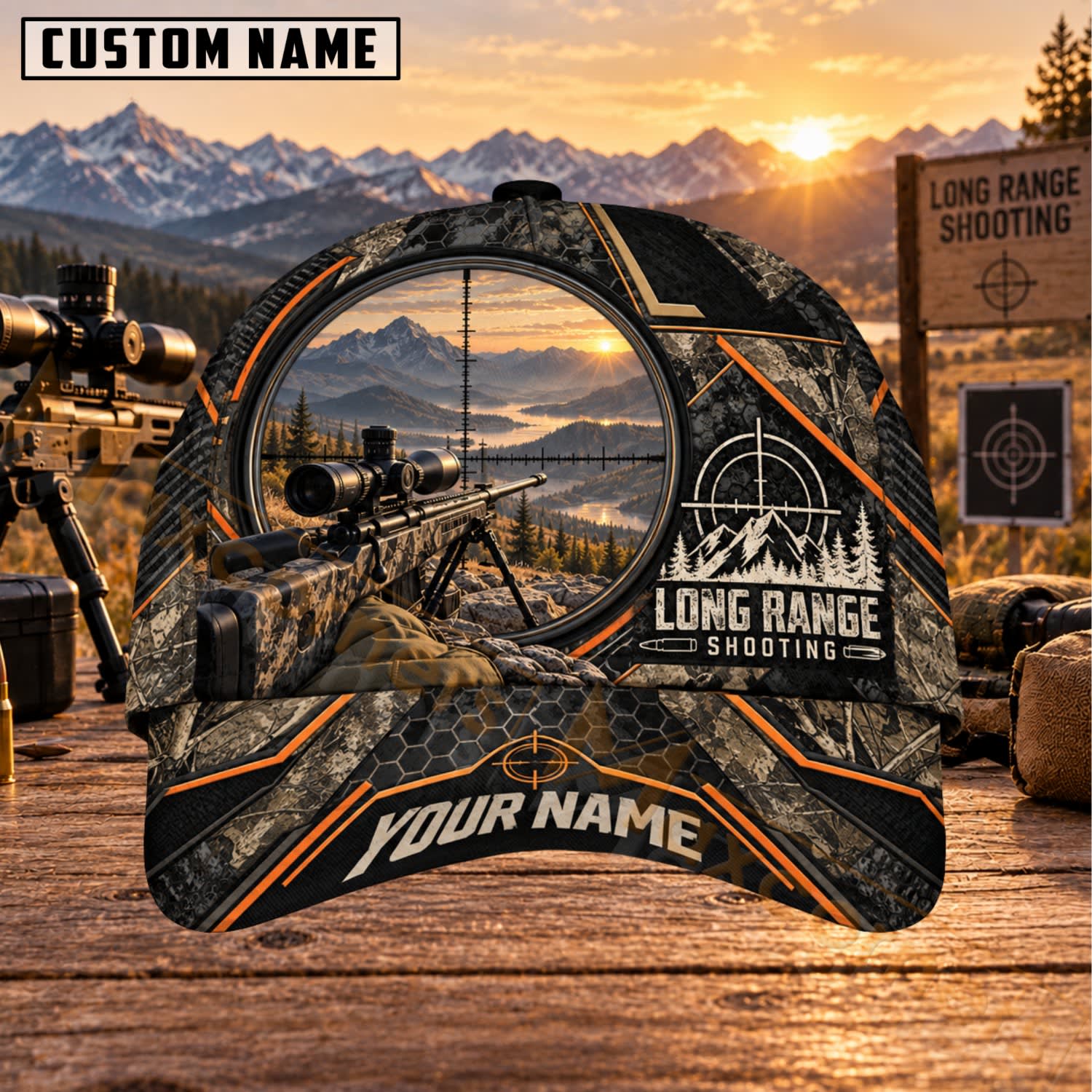 Maxcorners Long Range Shooting Sunset Scope View Personalized Name 3D Cap