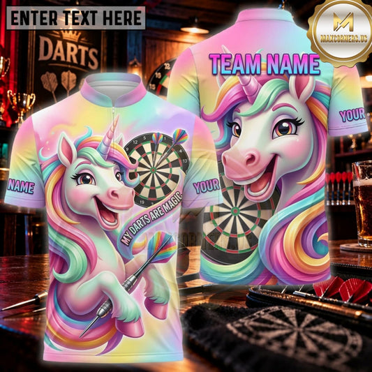 Maxcorners Darts Colorful Unicorn Magic Bullseye Personalized Name 3D Unisex Shirt