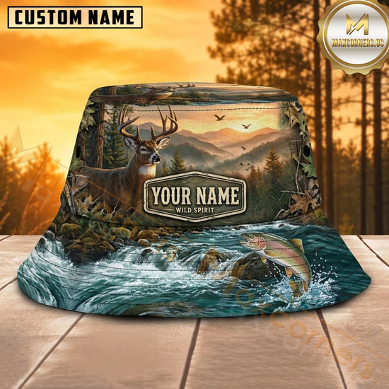 Maxcorners Deer Hunting Rocky Waterfall Wilderness Personalized Name 3D Bucket Hat