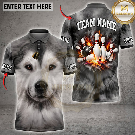 Maxcorners Bowling Cute Fluffy Gray Dog Fire Bowling Pins Personalized Name 3D Unisex Shirt