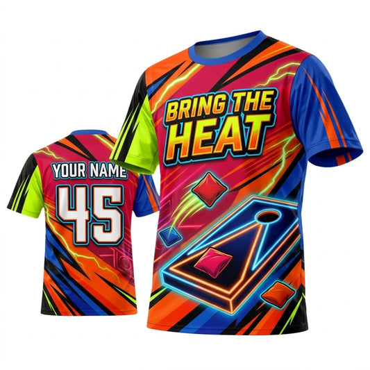 Maxcorners Cornhole Bring The Heat Orange Blue Personalized Name 3D Unisex Shirt