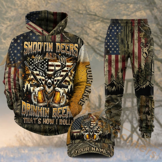 Maxcorners Hunting Shootin Deers Drinkin Beers American Flag Camo Personalized 3D Shirts