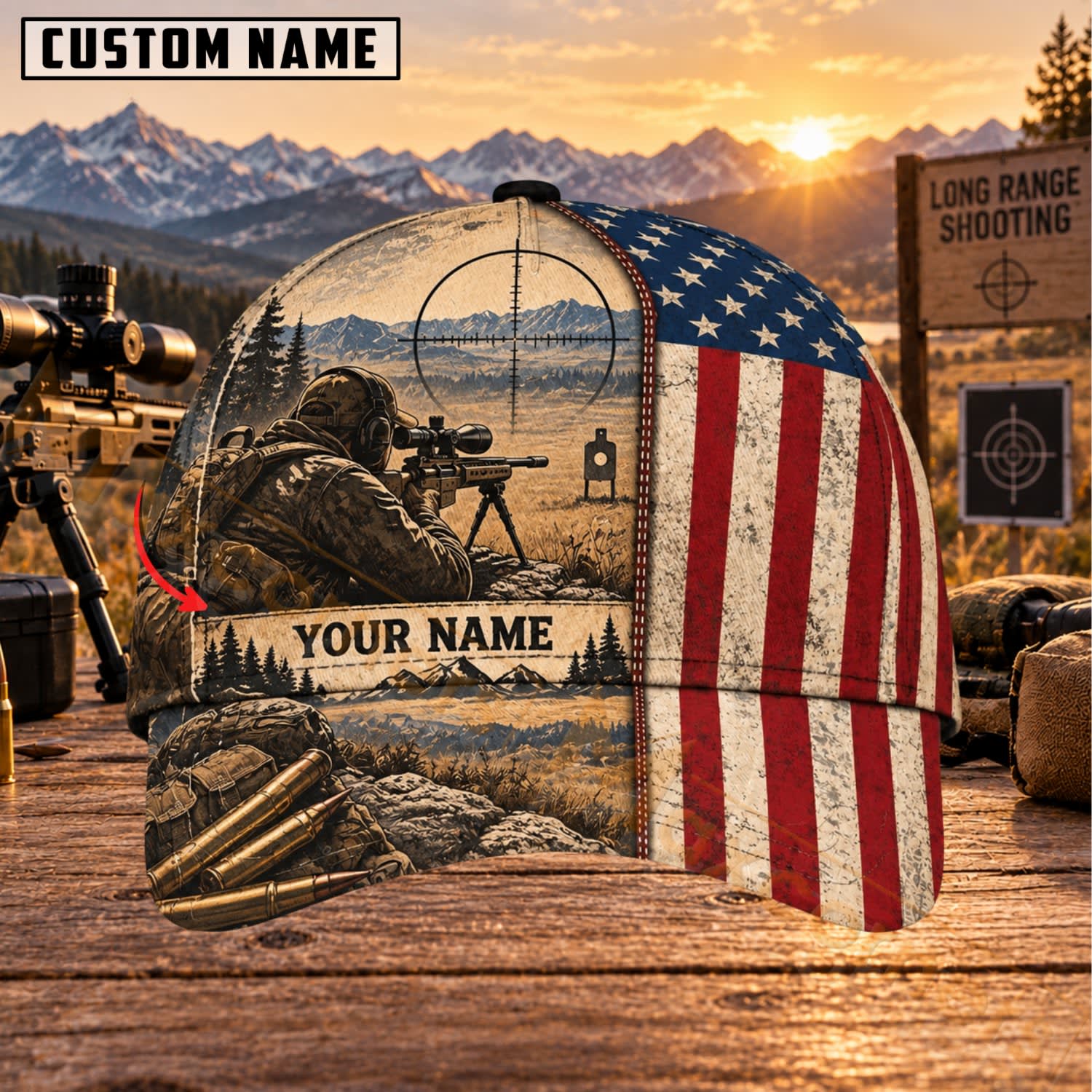 Maxcorners Long Range Shooting Patriotic Sniper Scene Personalized Name 3D Cap