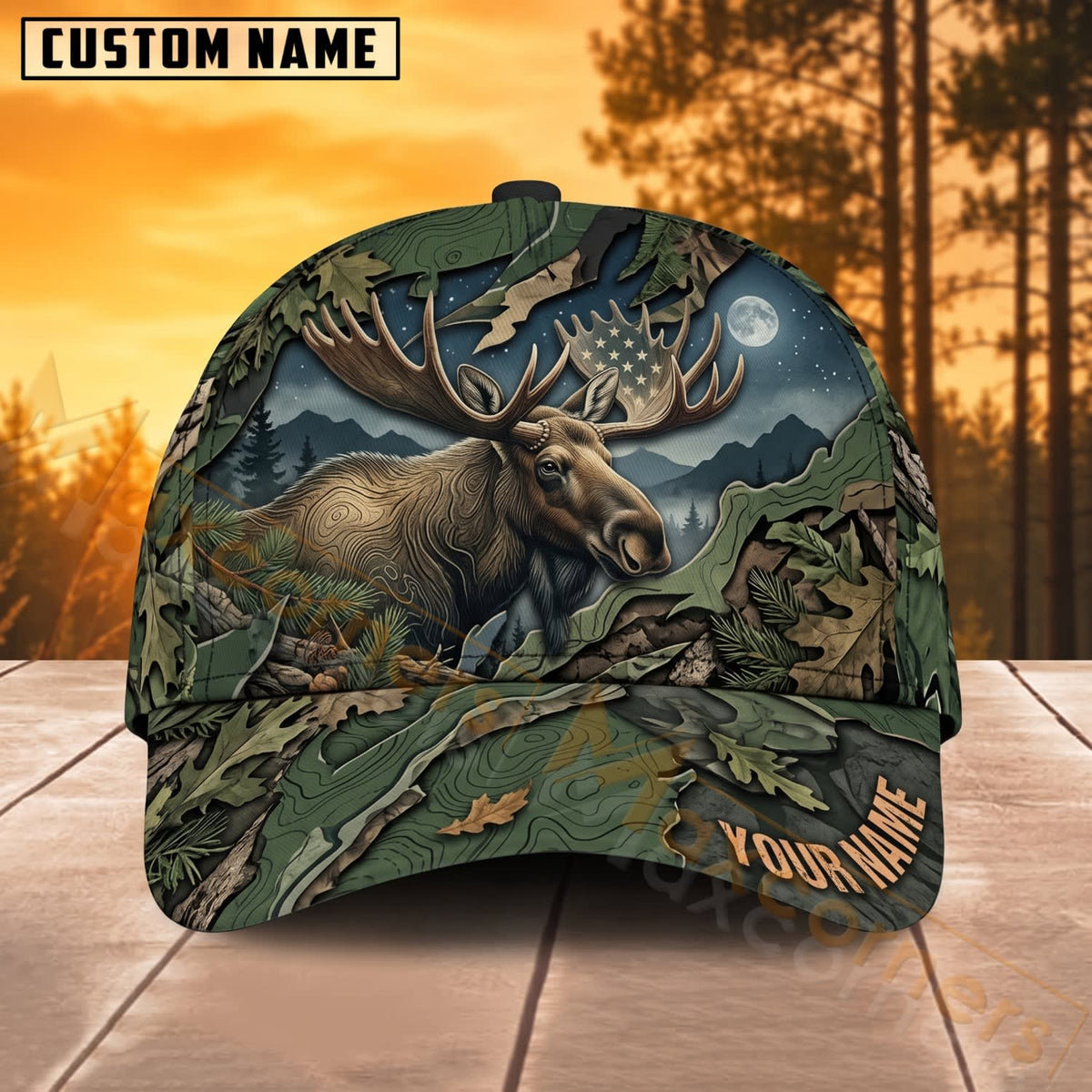 Maxcorners Moose Hunting Mountain Woodland Camo Personalized Name 3D Cap