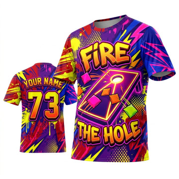Maxcorners Cornhole Fire In The Hole Neon Purple Yellow Personalized Name 3D Unisex Shirt