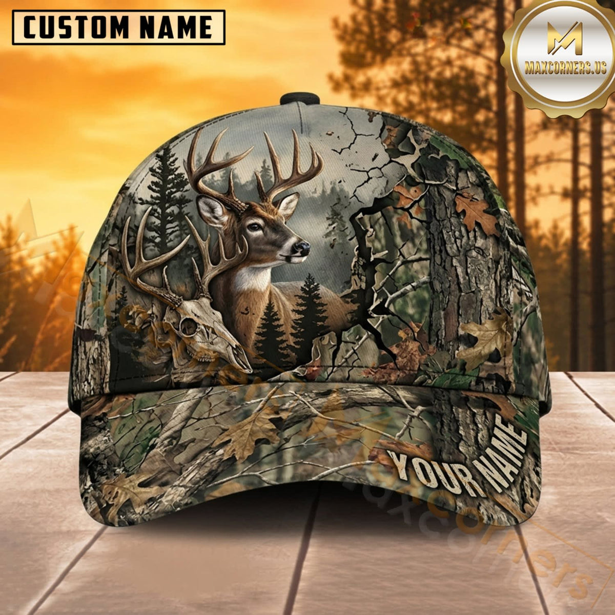 Maxcorners Deer Hunting Whitetail Buck Misty Pine Woodland Buck Camo Customized Name 3D Cap