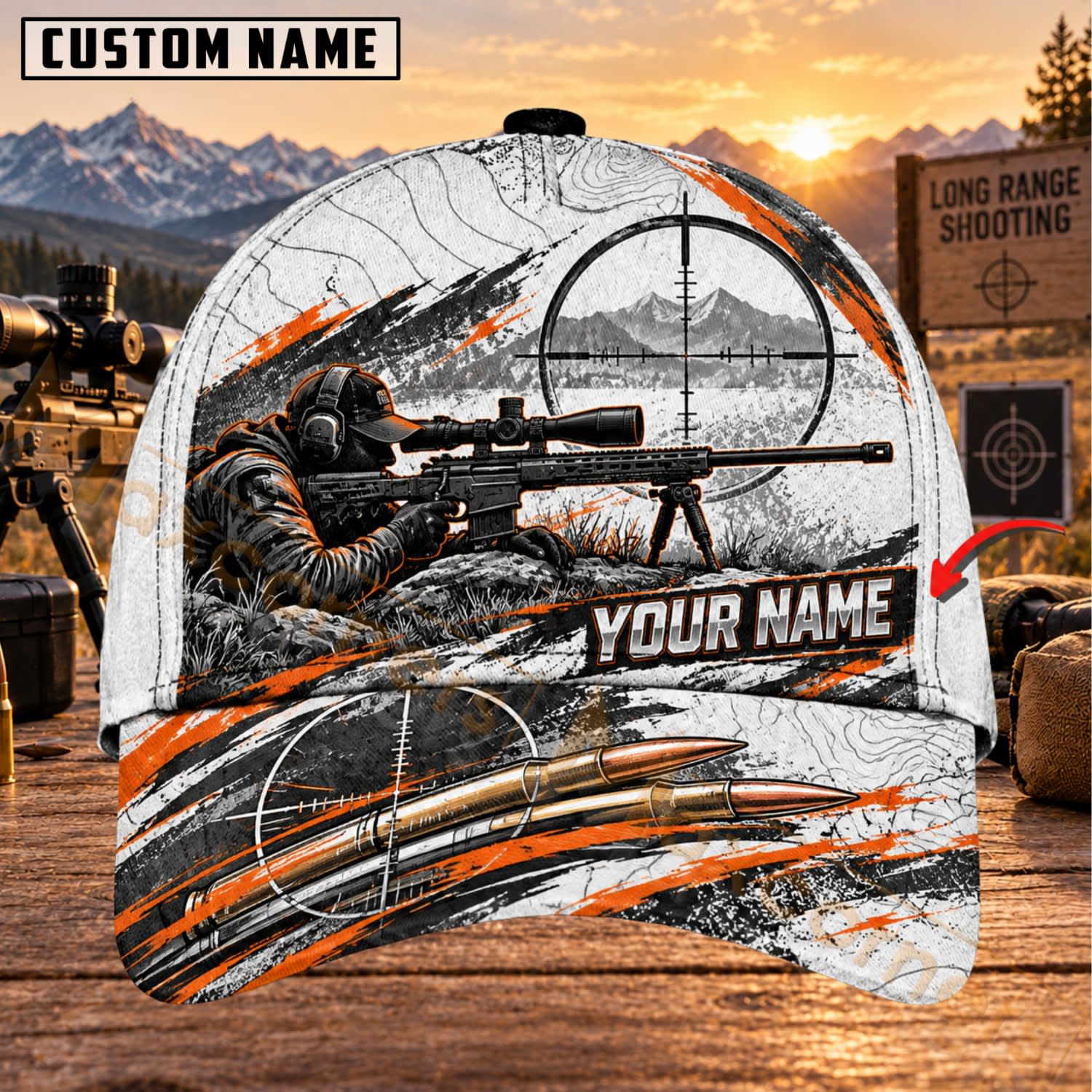 Maxcorners Long Range Shooting White Orange Tactical Sniper Personalized Name 3D Cap
