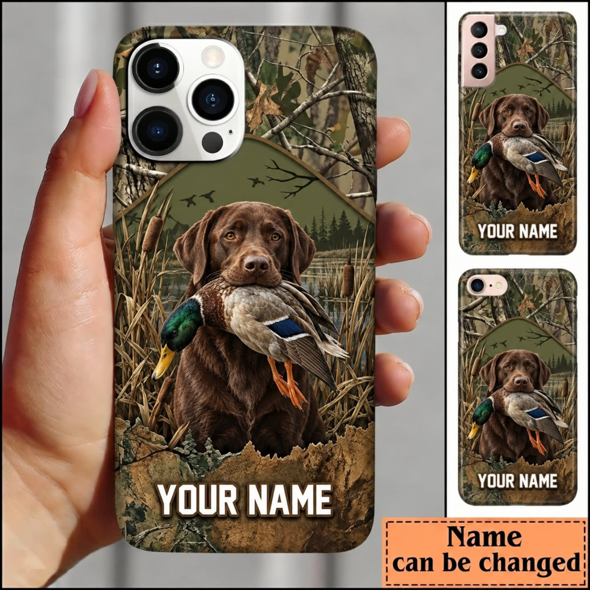 Maxcorners Duck Hunting Yellow Labrador Retriever Woodland Camouflage Personalized Name 3D Phone Case - Chocolate Labrador Retriever