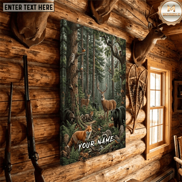 Maxcorners Deer Hunting Deer Bear Fox Owl Raccoon Birds Deep Forest Wildlife Gathering Canvas Wall Art
