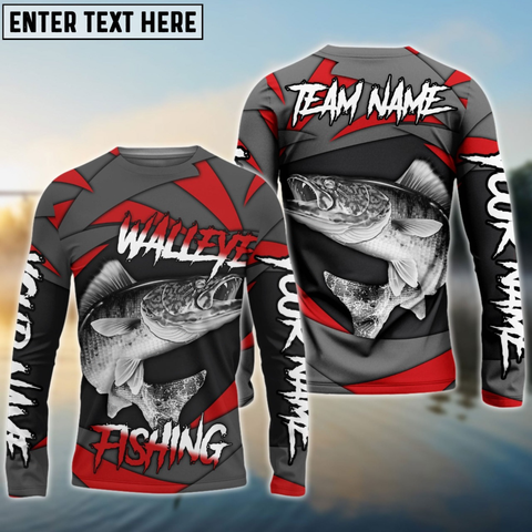 Maxcorners Walleye Fishing Red Gray Spinning Pattern Personalized Name, Team Name 3D Long Sleeve Shirt