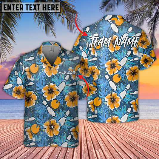 Maxcorners Bowling Hibiscus Hustle Multicolor Customized Name, Team Name 3D Hawaiian Shirt
