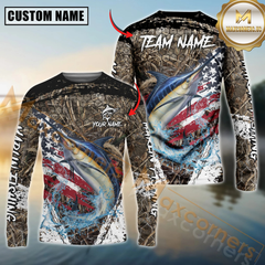 Maxcorners Marlin Fishing American Flag Scratch Grass Camo Custom Name & Team Name 3D Shirts
