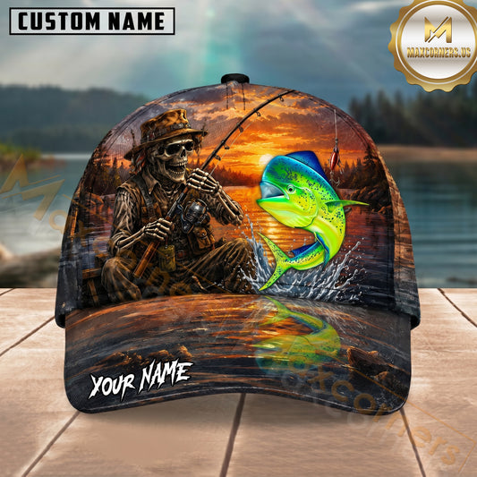 Maxcorners Fishing Skull Angler Sunset Lake Personalized 3D Cap