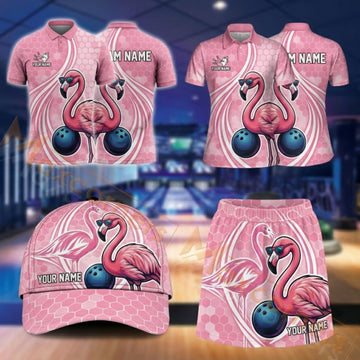 Maxcorners Bowling Pink Flamingo Bowling Ball Design Personalized Team Sportswear Set - Polo Shirt, Cap & Skorts
