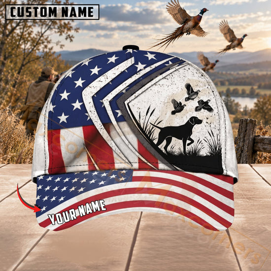 Maxcorners Upland Bird Hunting American Flag Hunter Silhouette Personalized Name 3D Cap