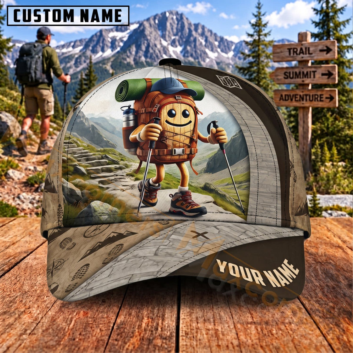 Maxcorners Hiking Cute Hiker Character Mountain Trail Personalized Name 3D Cap