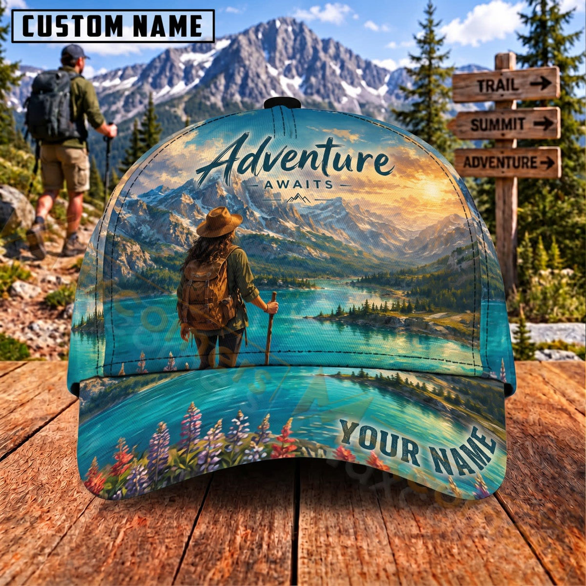 Maxcorners Hiking Mountain Lake Adventure Personalized Name 3D Cap