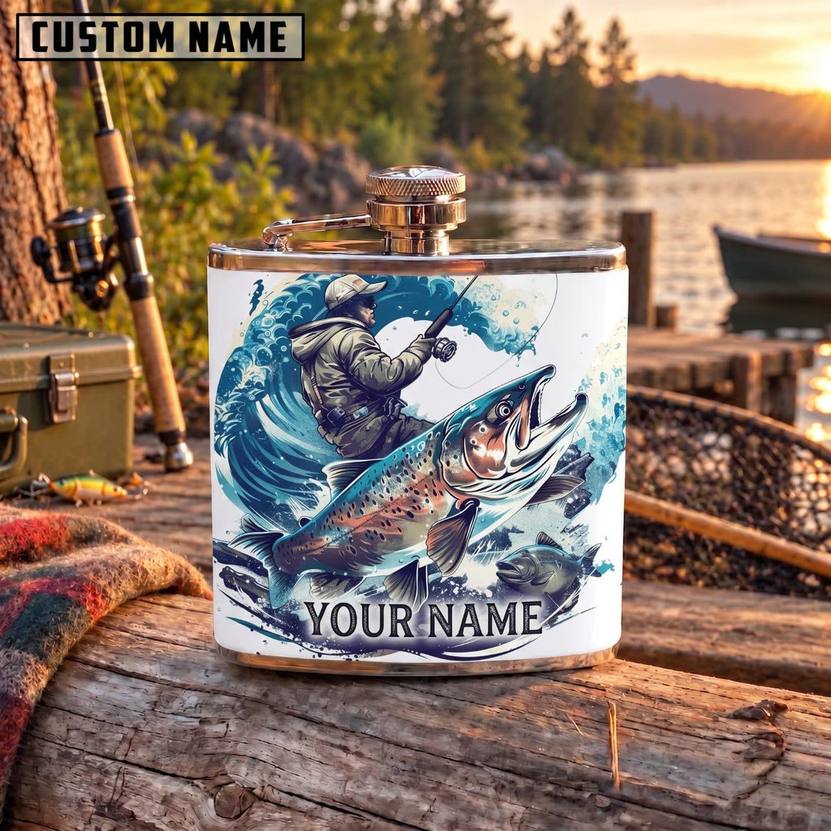 Maxcorners Fishing Deep Sea Fishing Ocean Wave Illustration Personalized Name 3D Hip Flask