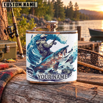 Maxcorners Fishing Deep Sea Fishing Ocean Wave Illustration Personalized Name 3D Hip Flask