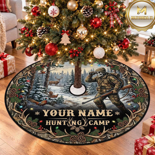 Maxcorners Hunting Buck Moose Dark Woodland Camp Personalized Name 3D Christmas Tree Skirt