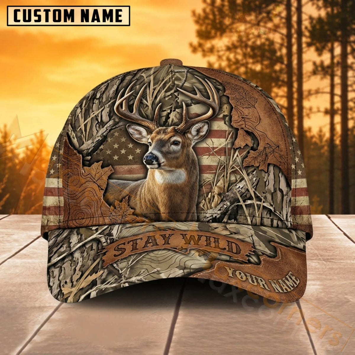 Maxcorners Whitetail Deer Hunting Rustic Forest Camo Stay Wild Personalized Name 3D Cap