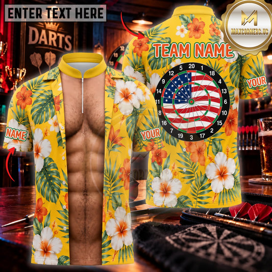 Maxcorners Darts Funny Hawaiian Floral Shirt American Flag Dartboard Personalized Name 3D Unisex Shirt