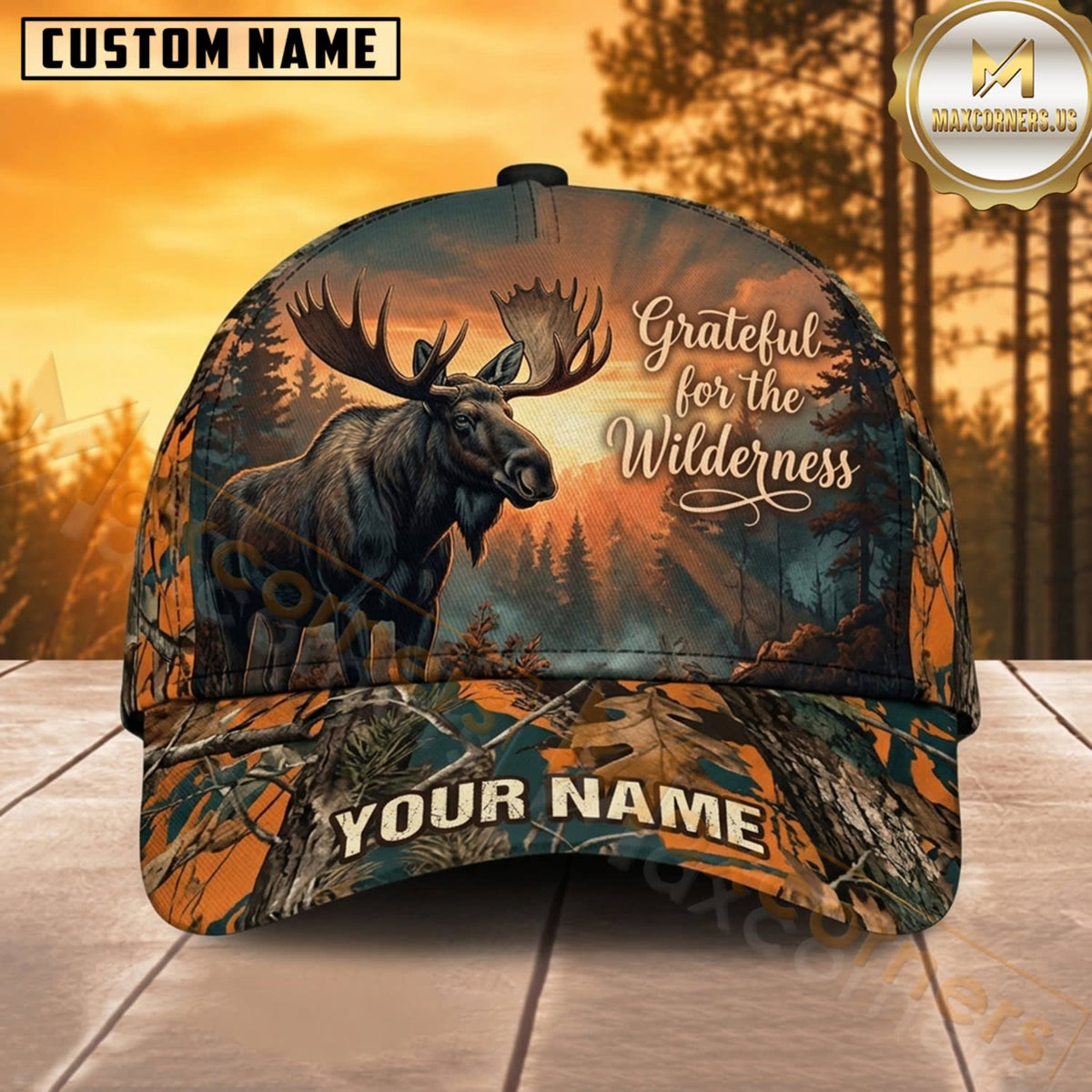 Maxcorners Moose Hunting Bull Moose Grateful for the Wilderness Golden Sunset Camo Customized Name 3D Cap