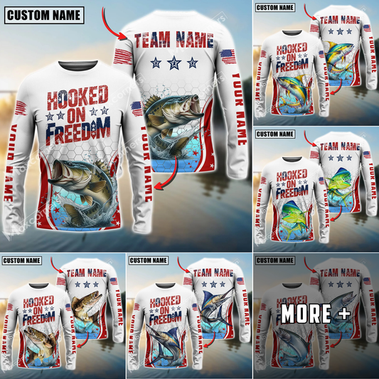 Maxcorners Fishing USA Flag Pattern Sun Protection Personalized Name Team Name 3D Shirts (6 Fish Species)