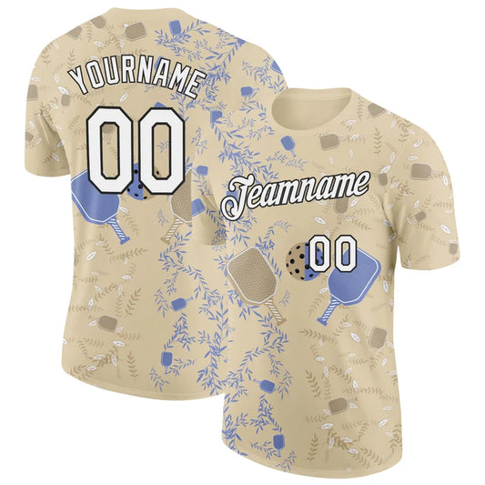 Maxcorners Pickleball Paddle Ball Khaki Beige Blue Leaves Pattern Personalized Name 3D Unisex Shirt
