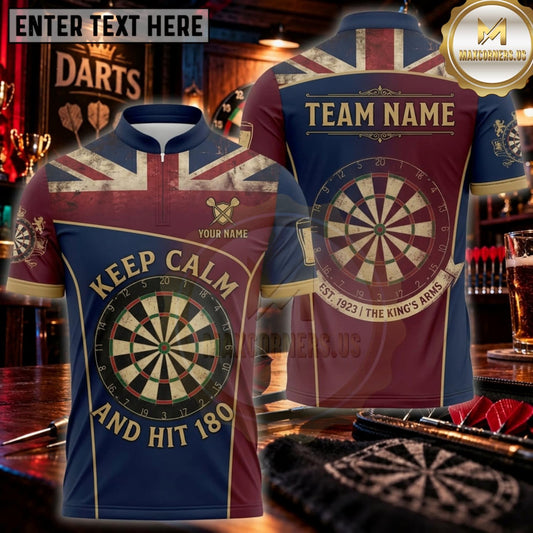 Maxcorners Darts Vintage Navy Gold Keep Calm And Hit 180 Personalized Name 3D Unisex Shirt