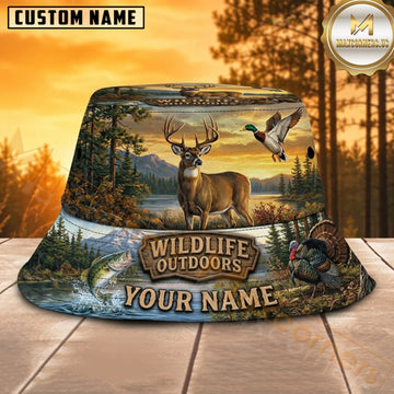 Maxcorners Deer Hunting Golden Meadow Outdoors Personalized Name 3D Bucket Hat