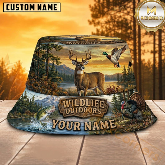 Maxcorners Deer Hunting Golden Meadow Outdoors Personalized Name 3D Bucket Hat