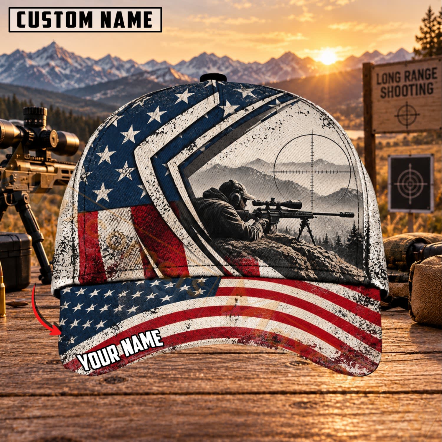 Maxcorners Long Range Shooting American Flag Sniper Silhouette Personalized Name 3D Cap