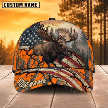 Maxcorners Moose Hunting American Flag Orange Camo Personalized Name 3D Cap