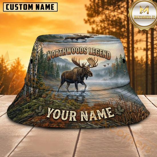 Maxcorners Moose Hunting Winter Mountain Lake Personalized Name 3D Bucket Hat