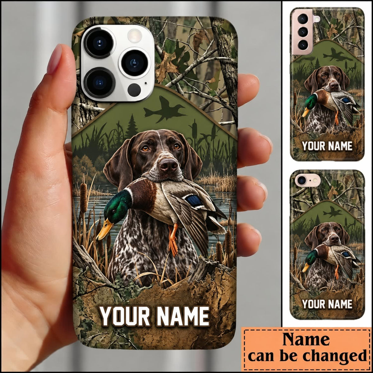 Maxcorners Duck Hunting Yellow Labrador Retriever Woodland Camouflage Personalized Name 3D Phone Case - German Shorthaired Pointer