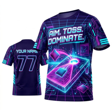 Maxcorners Cornhole Aim Toss Dominate Dark Navy Teal Personalized Name 3D Unisex Shirt