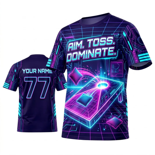 Maxcorners Cornhole Aim Toss Dominate Dark Navy Teal Personalized Name 3D Unisex Shirt