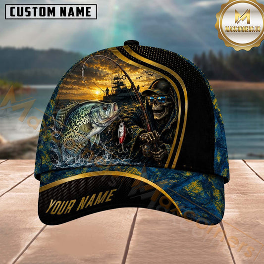 Maxcorners Fishing Skull Fisherman Sunset Gold Stripe Personalized 3D Cap