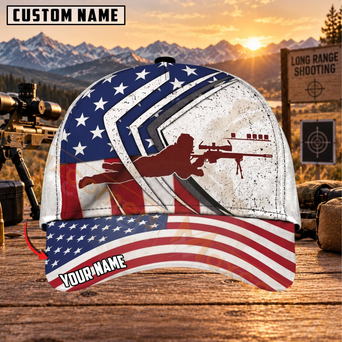 Maxcorners Long Range Shooting Red Rifle American Flag Personalized Name 3D Cap
