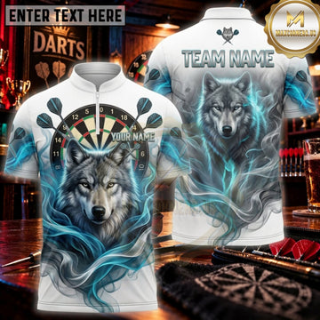 Maxcorners Darts Ice Blue Fierce Wolf Dartboard Personalized Name 3D Unisex Shirt