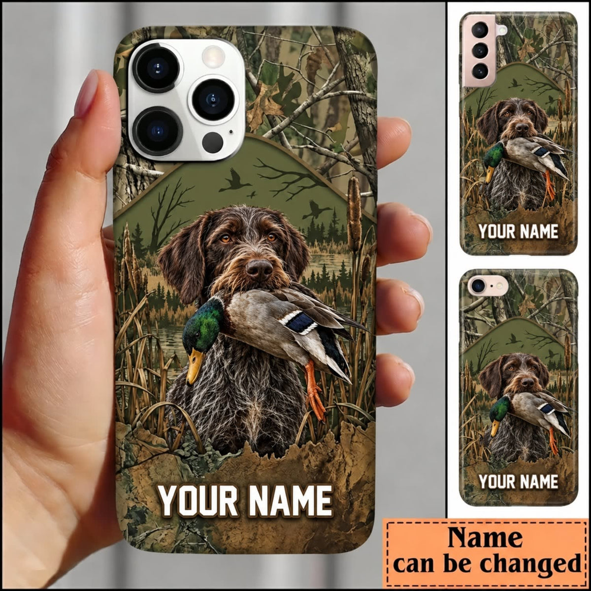 Maxcorners Duck Hunting Yellow Labrador Retriever Woodland Camouflage Personalized Name 3D Phone Case - German Wirehaired Pointer