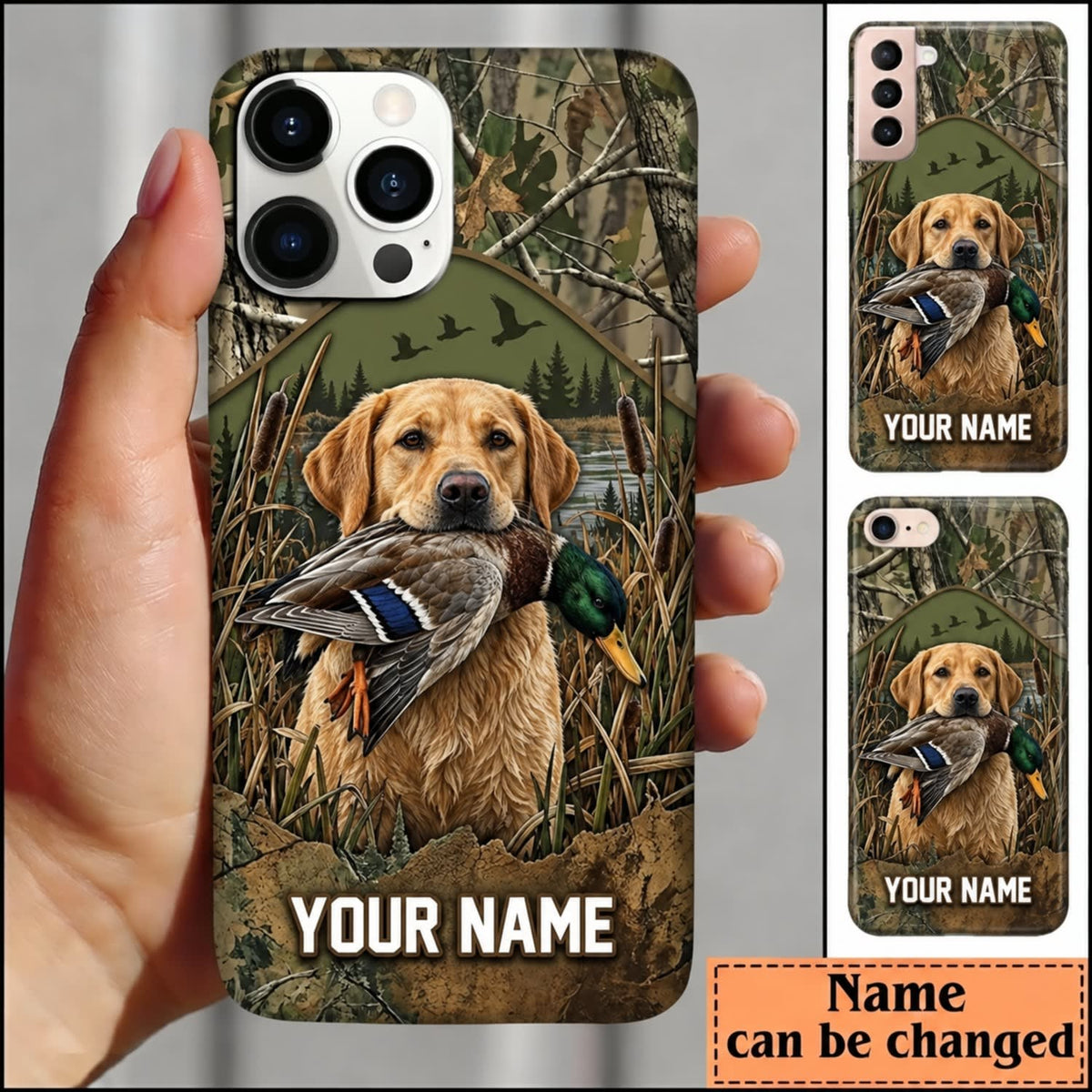 Maxcorners Duck Hunting Yellow Labrador Retriever Woodland Camouflage Personalized Name 3D Phone Case - Yellow Labrador Retriever