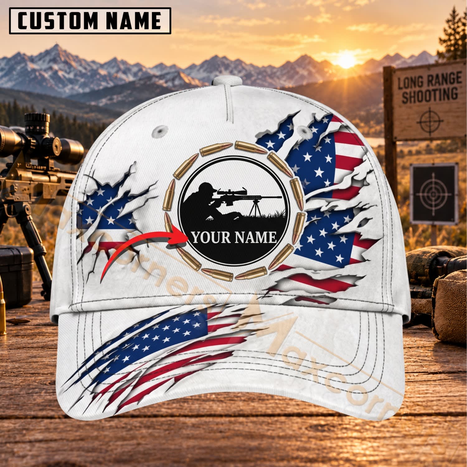 Maxcorners Long Range Shooting Patriotic Scope Badge Personalized Name 3D Cap
