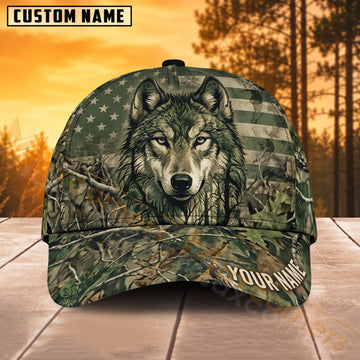 Maxcorners Wolf Hunting Green Woodland Camo Personalized Name 3D Cap