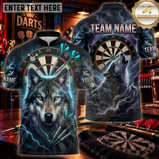 Maxcorners Darts Dark Teal Wolf Head Bullseye Personalized Name 3D Unisex Shirt