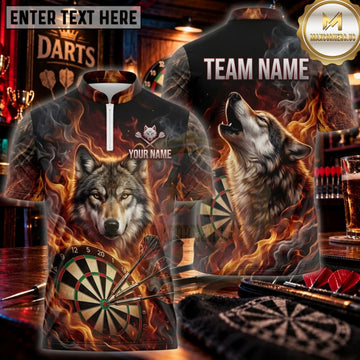 Maxcorners Darts Inferno Orange Flaming Wolf Personalized Name 3D Unisex Shirt